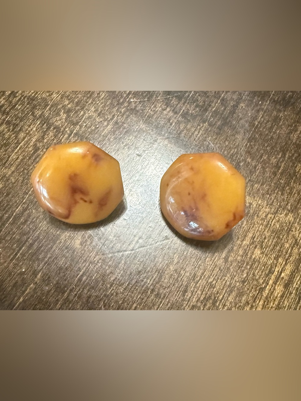 Natural Amber-Tone Bakelite Octagon Stud Earrings - Yellow Brown